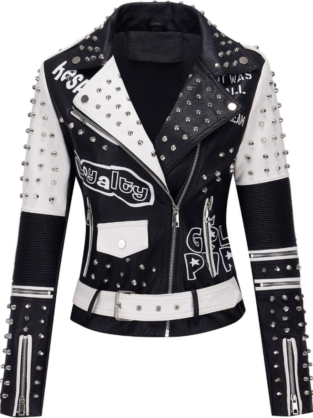 Faux Leather Jacket for Women Studded Rivet Floral Moto Biker Short Lapel Coat